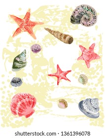 Sea shells on the sand. Vector set.