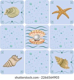 Sea shells on tiles with decor.Vector set of tiles with sea shells and colored decor.