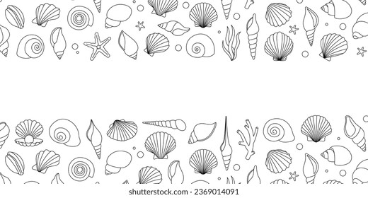 Sea shells outline banner. Underwater shells set. Freshwater algae, corals, starfish, mollusks, scallop, pearls. Vector illustration.