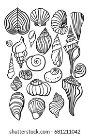 Sea Shells Outline Illustration Collection. Isolated Hand Drawn Shell Silhouette Set.