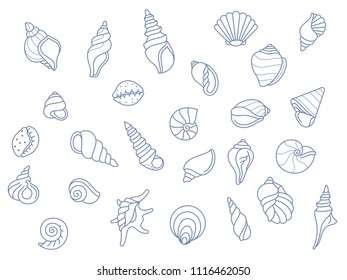 Sea shells painted in blue on a white background. For prints or textiles. Vector Image