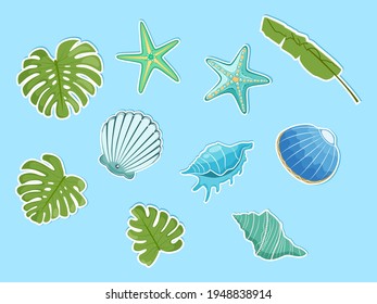 Sea shells and palm leaves stickers. Vector illustration.