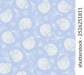 Sea shells pattern in blue and white colors. Summer, beach, coastal vibes repeat pattern. Sea life background. Ocean fashion monochrome.