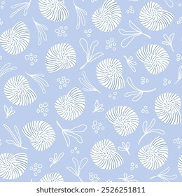 Sea shells pattern in blue and white colors. Summer, beach, coastal vibes repeat pattern. Sea life background. Ocean fashion monochrome.