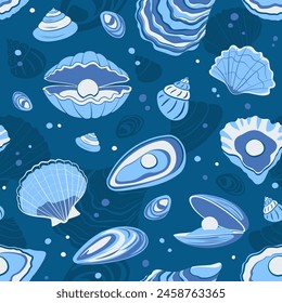 sea shells pattern. ocean starfish aquarium seashells collection, cartoon aquatic life spiral beach cockleshells. vector cartoon objects, seamless flat pattern.