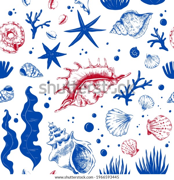 Sea shells pattern. Seamless texture with marine\
seashells. Blue starfish and isolated algae. Red bivalves or ocean\
clamshells. Underwater animals background. Vector textile\
template