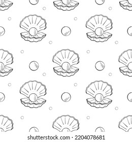 Sea shells with pearl, seamless pattern, on a white background. Linear drawing.