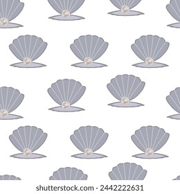 Sea shells with pearl seamless pattern. Trendy shell pattern with pearls for wrapping paper, wallpaper, stickers, notebook cover and other designs