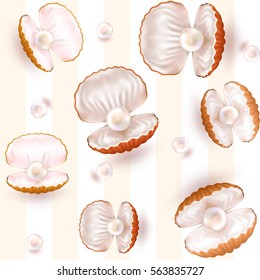 Sea Shells and Pearls Vector Seamless Pattern. Background with Pearl, Vector illustration