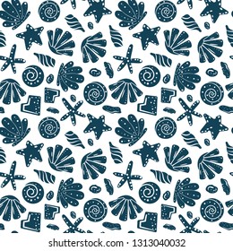 Sea shells, rocks, sand on the coast. Seamless pattern in blue and yellow. For pattern fills, wallpaper, print for clothes, wrapping paper