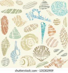 Sea shells and rocks seamless pattern on beige background