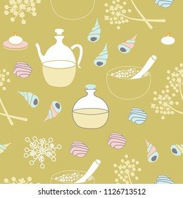 Sea Shells, Sea Salt, Body Oil, and Flowers-Spa in the Country.Seamless Repeat Pattern