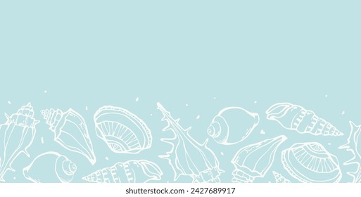 Sea shells seamless border. Horizontal marine background with hand drawn print. Bathroom, textile or wrapping design, vector illustration.