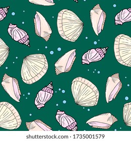 Sea shells seamless pattern. Sea background with shells hand-drawing. Underwater world, coral reef. Background for fabric, clothes, packaging, aquariums.