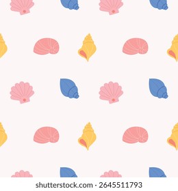 Sea Shells Seamless Pattern. Colorful Seashells Pattern for wrapping paper, wallpaper, fabric, textile, print, notebook cover. Summer background.Vector illustration