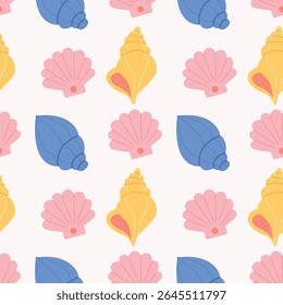 Sea Shells Seamless Pattern. Colorful Seashells Pattern for wrapping paper, wallpaper, fabric, textile, print, notebook cover. Summer background.Vector illustration