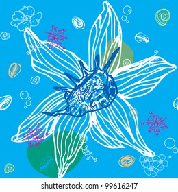 Sea Shells Seamless Pattern With Flowers, SPA