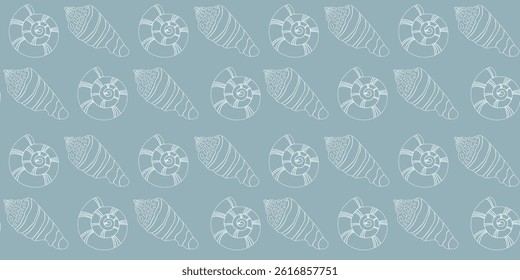 Sea shells seamless pattern in line art style. Trendy pattern of seashells for wrapping paper, wallpaper, stickers, notebook cover.