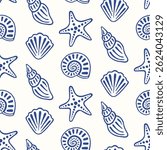 Sea shells seamless pattern. Marine background with shellfishes, sinks and starfishes. Hand draw design for wrapping paper, wallpaper, fabric, textile and etc. Vector illustration.