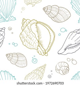 Sea shells seamless pattern. Marine background with sea shells. Hand drawn graphic illustration. Vector