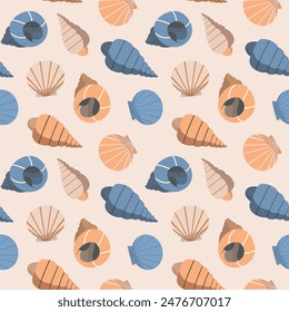 Sea shells seamless pattern on a pastel background. Seashell drawing. Children wallpaper design