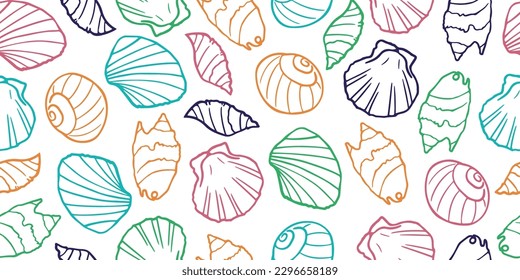 Sea shells seamless pattern. Summer beach hand drawn seaside vector print. Creative color summer modern texture for fabric, wrapping, textile, wallpaper, apparel.