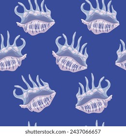 Sea shells seamless pattern. Summer marine animal background. Trendy pattern of seashells for wrapping paper, wallpaper, stickers, notebook cover. Vector ocean snail cartoon backdrop illustration.