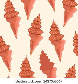 Sea shells seamless pattern. Summer marine animal background. Trendy pattern of seashells for wrapping paper, wallpaper, stickers, notebook cover. Vector ocean snail cartoon backdrop illustration.