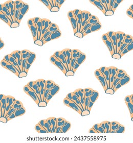 Sea shells seamless pattern. Summer marine animal background. Trendy pattern of seashells for wrapping paper, wallpaper, stickers, notebook cover. Vector ocean snail cartoon backdrop illustration.