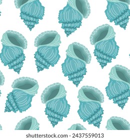 Sea shells seamless pattern. Summer marine animal background. Trendy pattern of seashells for wrapping paper, wallpaper, stickers, notebook cover. Vector ocean snail cartoon backdrop illustration.