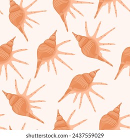 Sea shells seamless pattern. Summer marine animal background. Trendy pattern of seashells for wrapping paper, wallpaper, stickers, notebook cover. Vector ocean snail cartoon backdrop illustration.