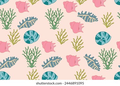 Sea shells seamless pattern. Summer marine animal background set. Vacation travel concept. Trendy pattern of seashells for wrapping paper, wallpaper, stickers, notebook cover.