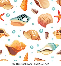 Sea Shells Seamless Pattern, Summertime Design Element Can Be Used for Fabric Print, Wallpaper, Packaging, Vector Illustration