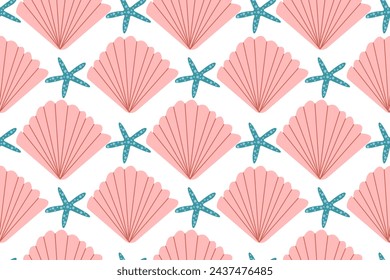 Sea shells seamless pattern. Trendy pattern of seashells for wrapping paper, wallpaper, stickers, notebook cover. The texture may be used for printing on fabric or paper and background in web design.