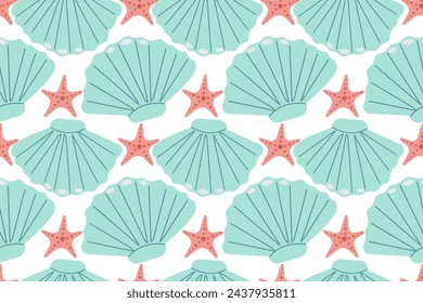 Sea shells seamless pattern. Trendy pattern of seashells for wrapping paper, wallpaper, stickers, notebook cover. The texture may be used for printing on fabric or paper and background in web design.