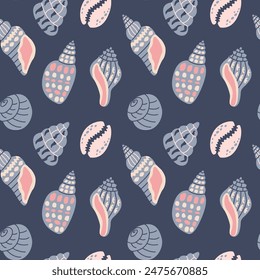 Sea shells seamless pattern. Trendy pattern of seashells for wrapping paper, wallpaper, stickers, notebook cover. The texture may be used for printing on fabric or paper and background in web design.
