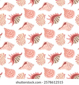 Sea shells seamless pattern. Trendy pattern of seashells for wrapping paper, wallpaper, stickers, notebook cover. 