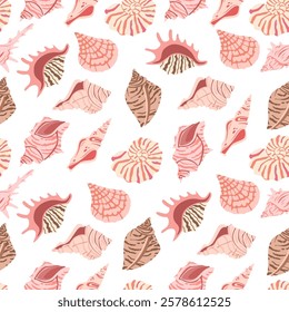 Sea shells seamless pattern. Trendy pattern of seashells for wrapping paper, wallpaper, stickers, notebook cover. 