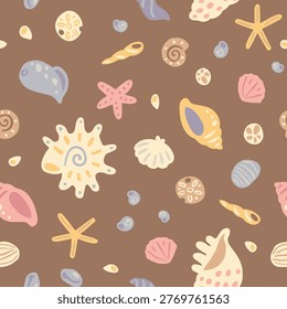 Sea shells seamless pattern vector illustration on dark chocolate brown. Cute ocean starfish and pebbles in naive doodle style. Modern summer wallpaper for textiles and luxury packaging