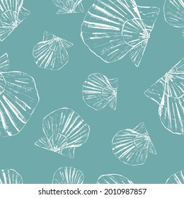 Sea shells seamless pattern. White shells on blue background