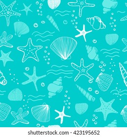 Sea shells, seastars and corals seamless background. Blue and white seamless pattern for coloring book, textile, print, wallpaper. Sea life pattern.