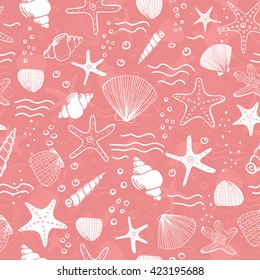 Sea shells, seastars and corals seamless background. Pink seamless pattern for coloring book, textile, print, wallpaper. Sea life pattern.