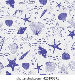 Sea shells, seastars and corals seamless background. Blue colors seamless pattern for coloring book, textile, print, wallpaper. Sea life pattern.