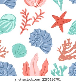 Las conchas marinas, las algas y las estrellas de mar se caracterizan por un patrón sin fisuras. El fondo marino para los temas oceánicos, los tejidos de la playa y los textiles de verano. Ilustración vectorial plana