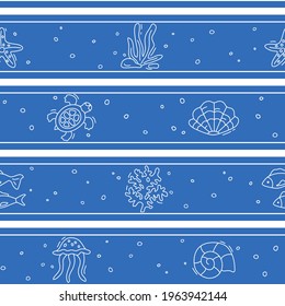 Sea, shells, seaweed, starfish turtle. Seamless flat pattern on an isolated background. Vector set of contour illustrations. Marine life on a blue background with stripes.