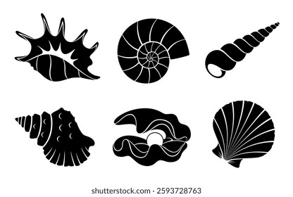 Sea shells set, black silhouette isolated on white. Bivalve and screw or spiral seashells Nautilus, Scallop, Tridacna, Spider conch. Vector stencil clipart for marine design, print, icon or logo.