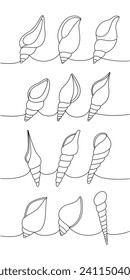 Se colocan conchas marinas. Conchas marinas, moluscos, vieiras, perlas. Ilustración continua de una línea en las conchas submarinas tropicales. Ilustración minimalista del vector.