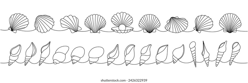 Sea shells set. Sea shells, mollusks, scallop, pearls. Tropical underwater shells continuous one line illustration. Vector minimalist illustration.