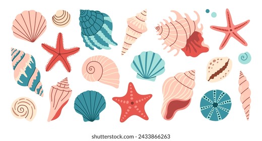 Sea shells set, mollusks, starfish. Trendy flat illustration of seashells collection isolated on white for stickers.