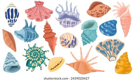 Conchas de mar, moluscos, estrellas de mar. Colección Seashells. Ilustración del dibujo de la mano del vector aislada en blanco para los stickers.